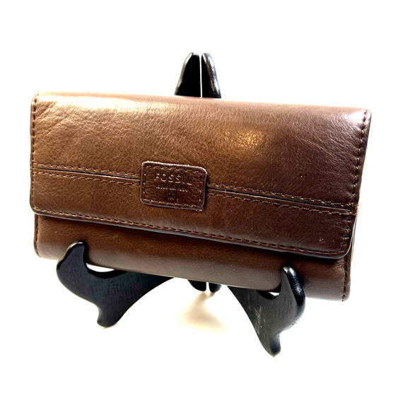 Fossil Flap Clutch Wallet Women Leather Brown Credit Card Holder Classic Travel - Picture 1 of 9